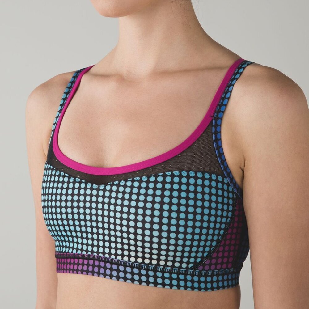 Lululemon Sweaty Endeavor Sports Bra Raspberry Pink Blue Polka Dots Size 12